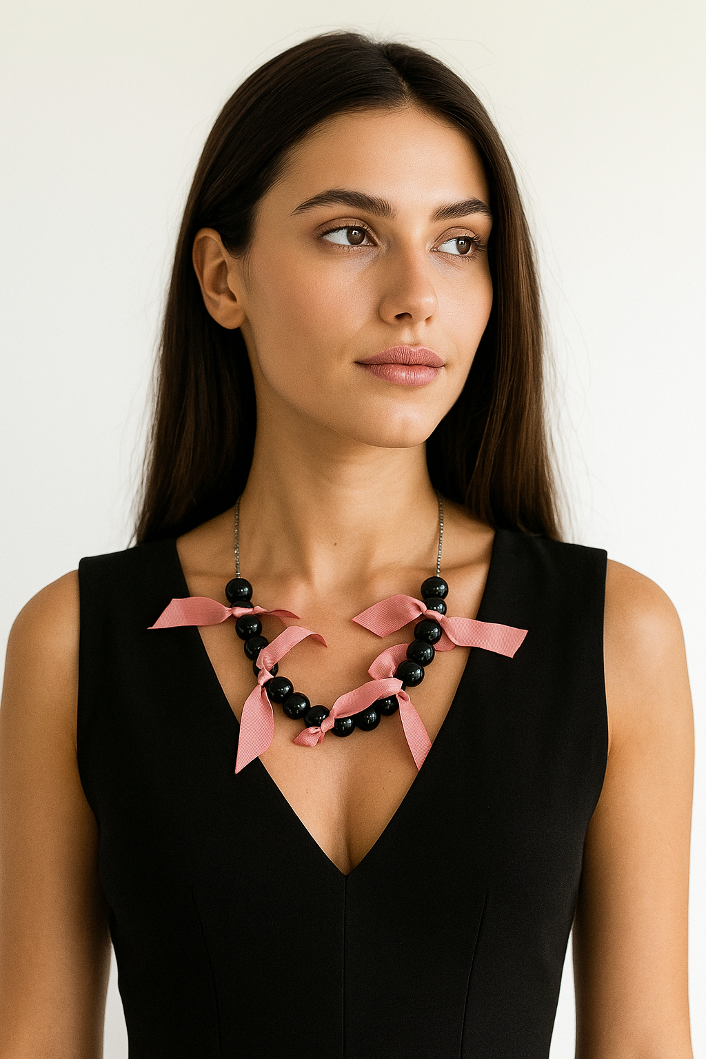 Collar de cuentas de ónix negro, cintas rosa palo.