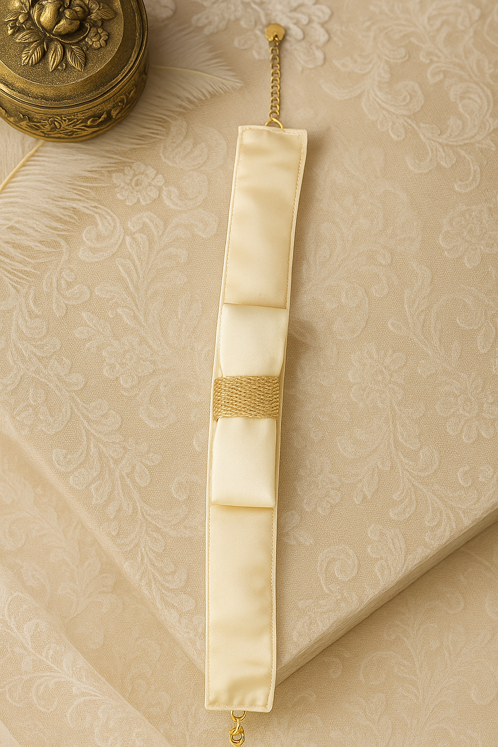 Choker de terciopelo marfil con lazo de seda natural y detalle en sinamay.