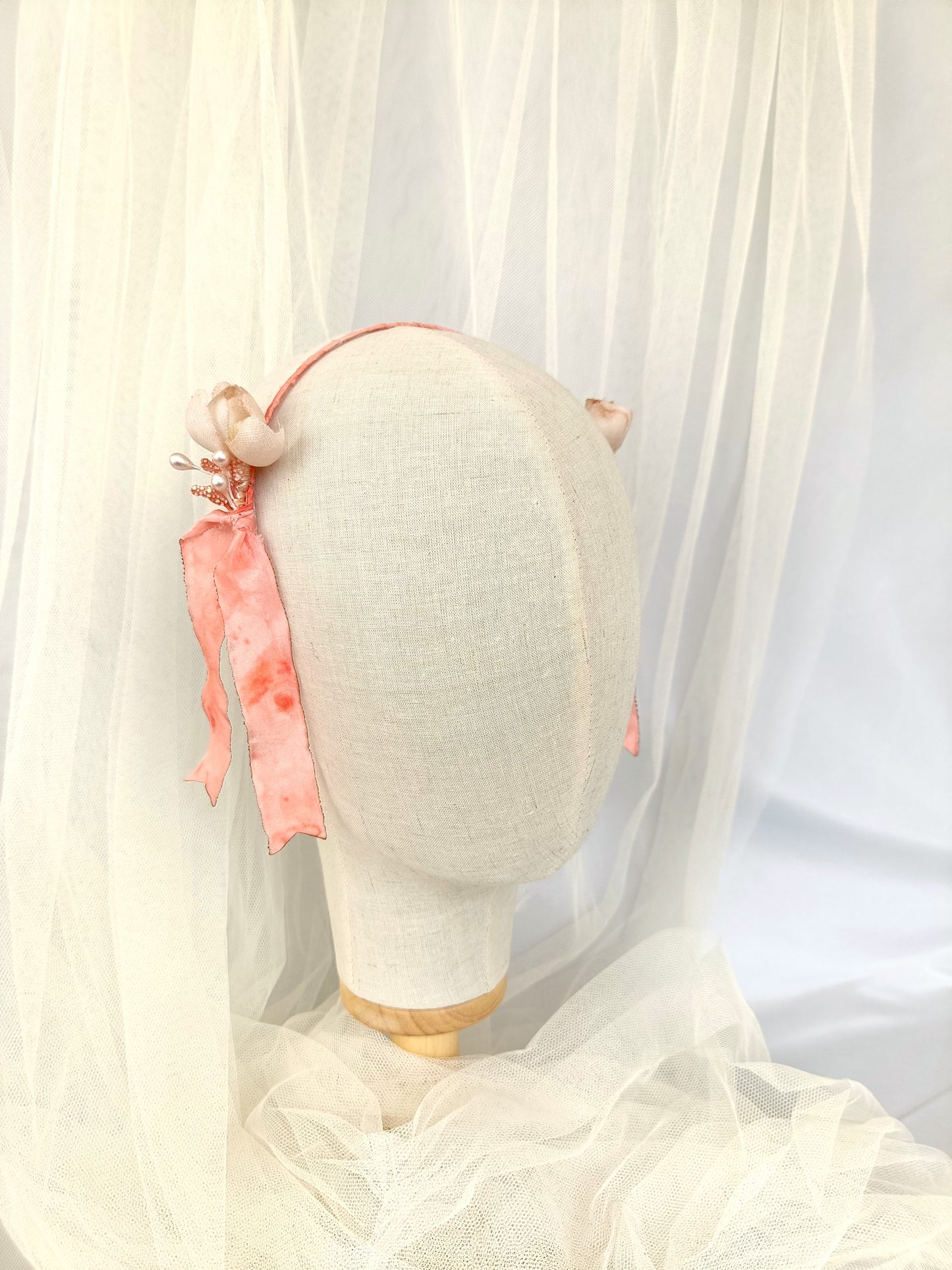 Diadema elegante para niña, diadema primera comunión, diadema rosa y beige de niña, diadema para fiesta de niña.