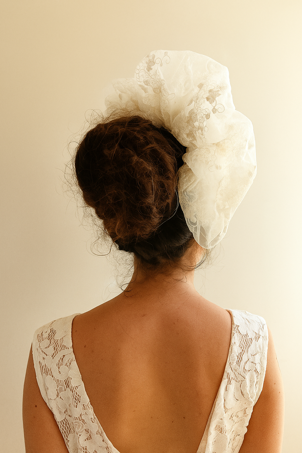 Diadema de encaje marfil – Tocado artesanal de seda para novia.