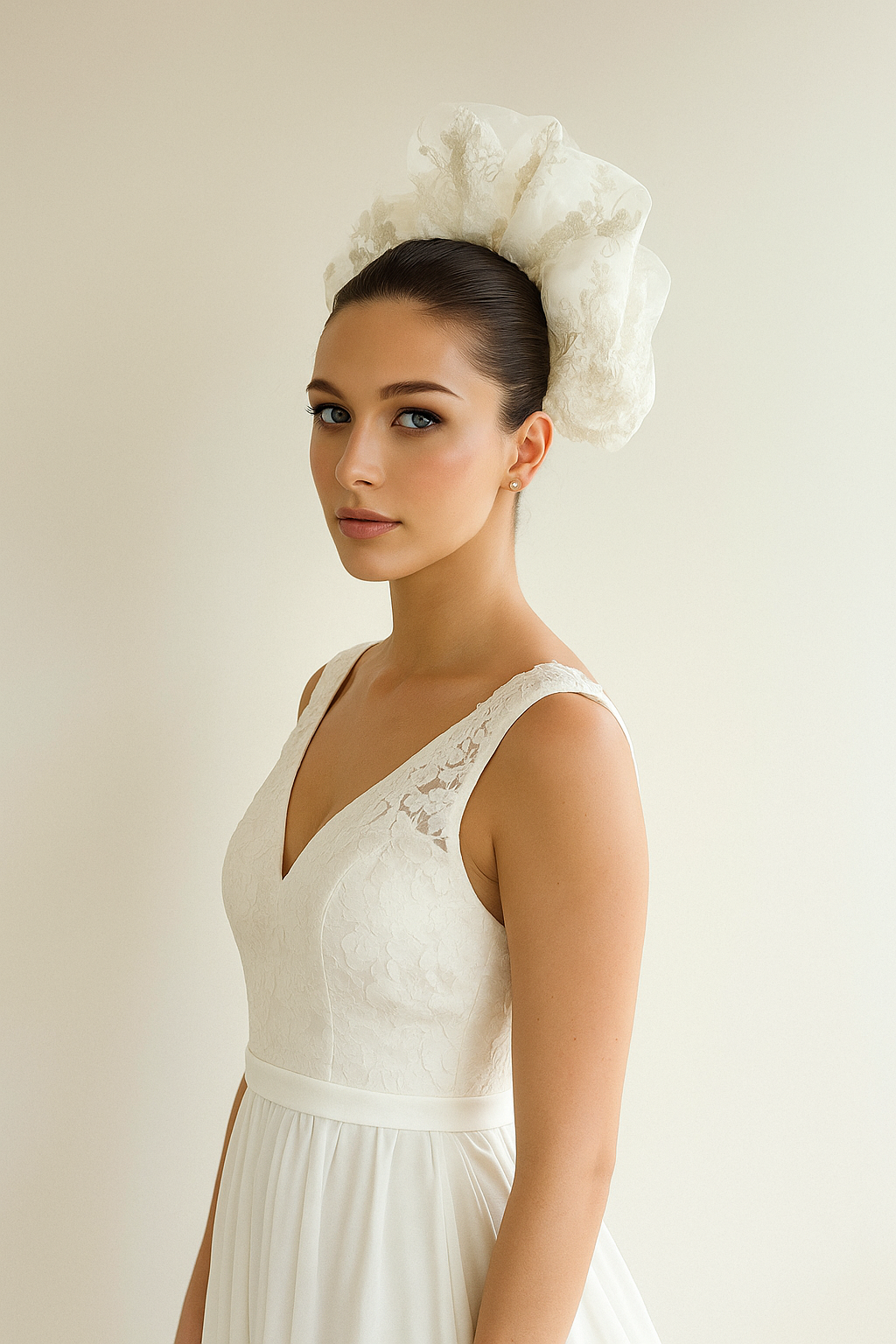 Diadema de encaje marfil – Tocado artesanal de seda para novia.