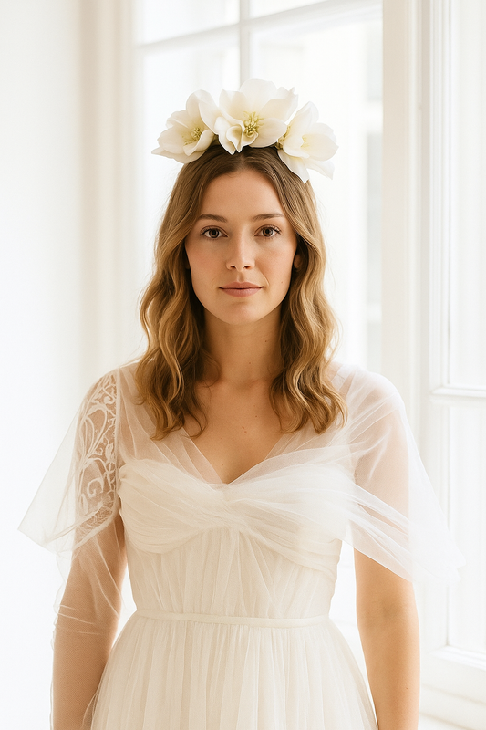 Tocado floral para novia, Tocado fascinator de flores blancas para invitada, corona de flores nupcial, Diadema de flores blancas de seda.