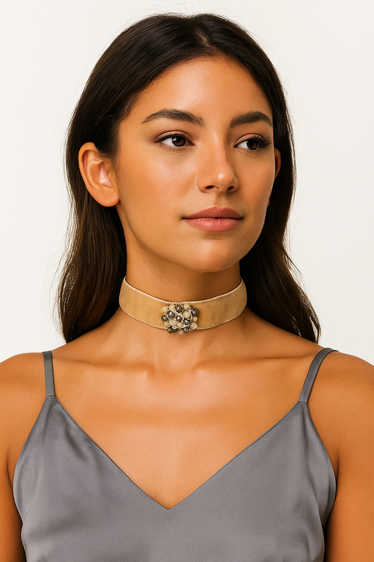 Choker de terciopelo tostado con cristales beige y gris.