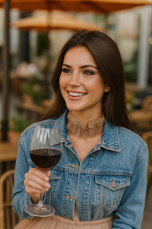 Choker de tul marrón bisón con cristalitos y cinta de terciopelo beige.