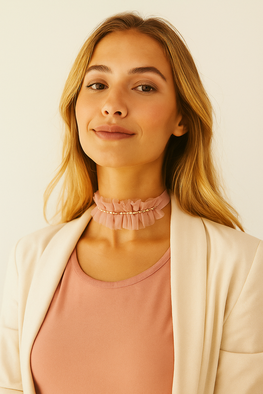 Choker de terciopelo rosa empolvado con tul y cristales · Elegante y versátil.