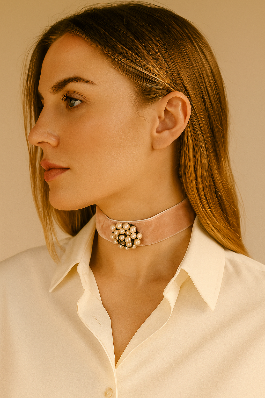 Choker de terciopelo rosa con centro de perlas · Elegante y versátil.
