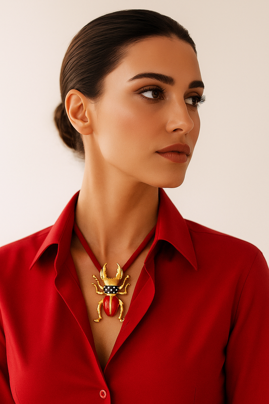 Collar escarabajo dorado y rojo con cordón de seda natural.