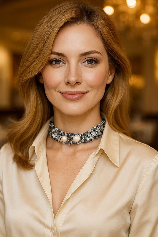 Choker de tweed con perlas naturales y cristales azules.