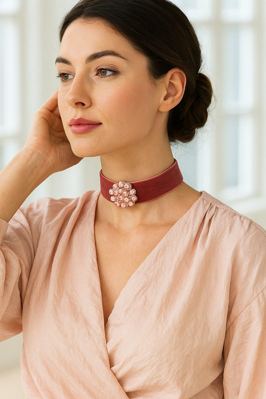 Choker rosa palo con detalle entrelazado.