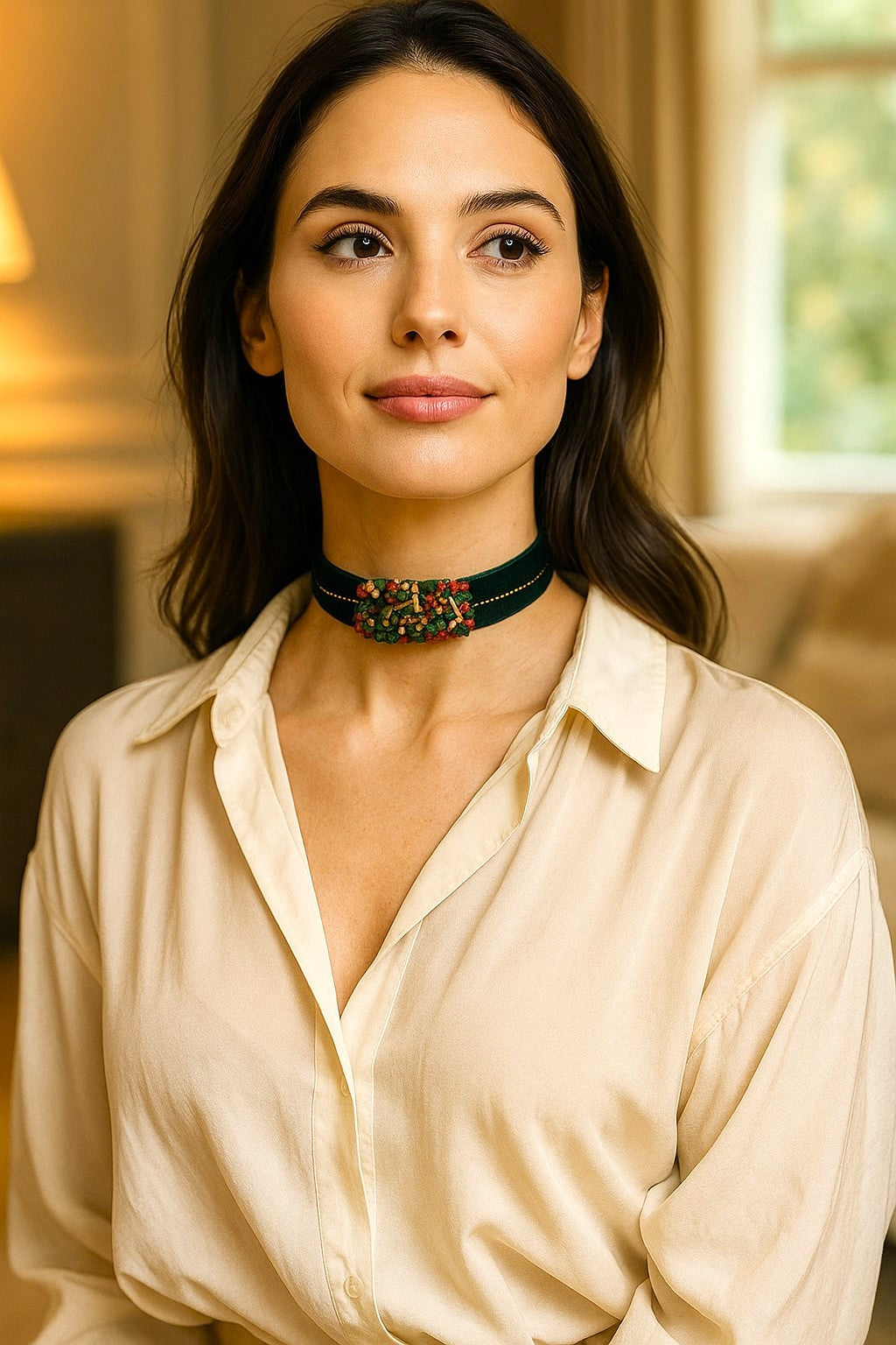 Choker de terciopelo verde con cuentas y cadena dorada.