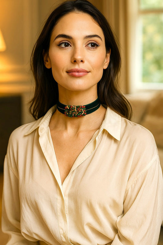 Choker de terciopelo verde con cuentas y cadena dorada.