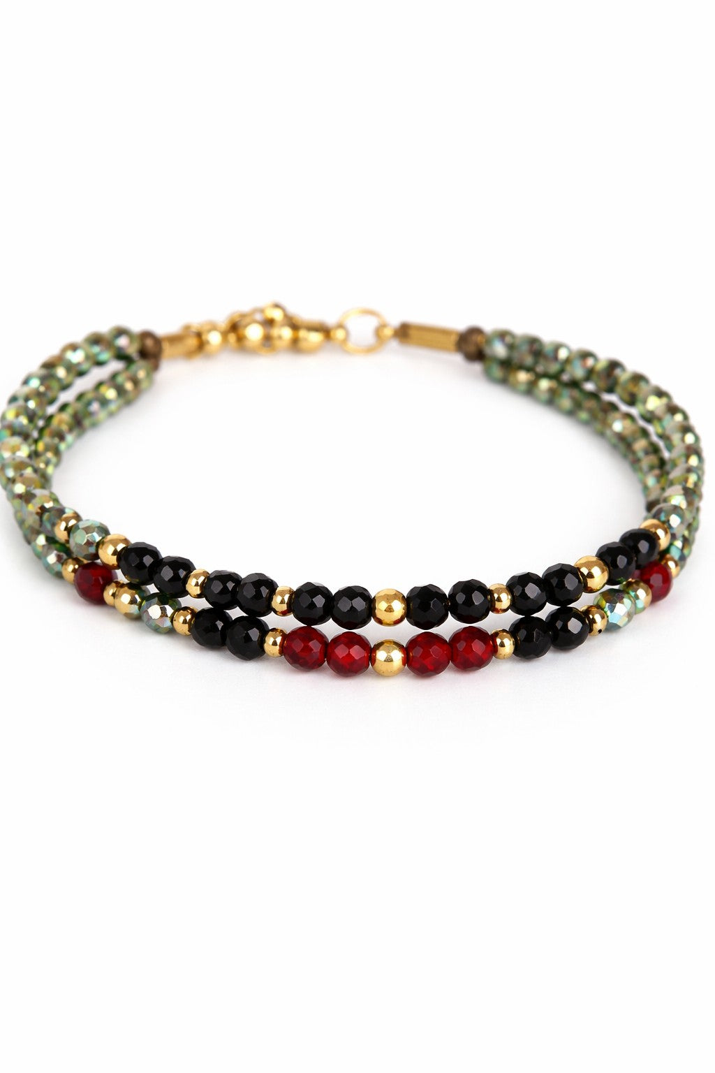 Pulsera doble de vidrio verde, rojo y negro.