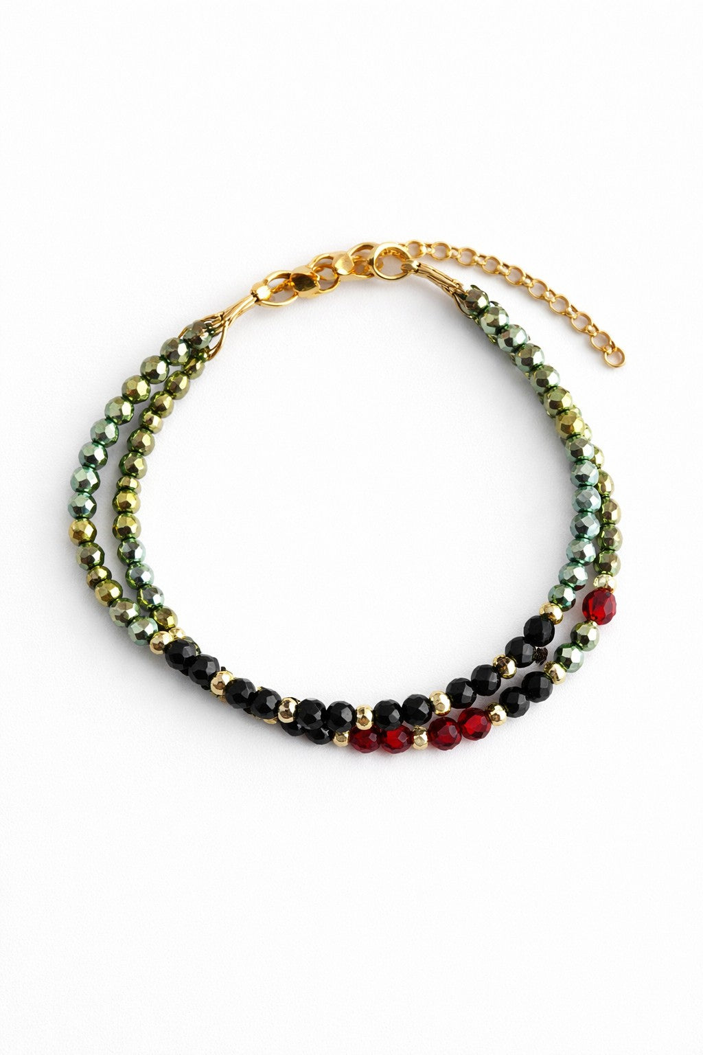 Pulsera doble de vidrio verde, rojo y negro.