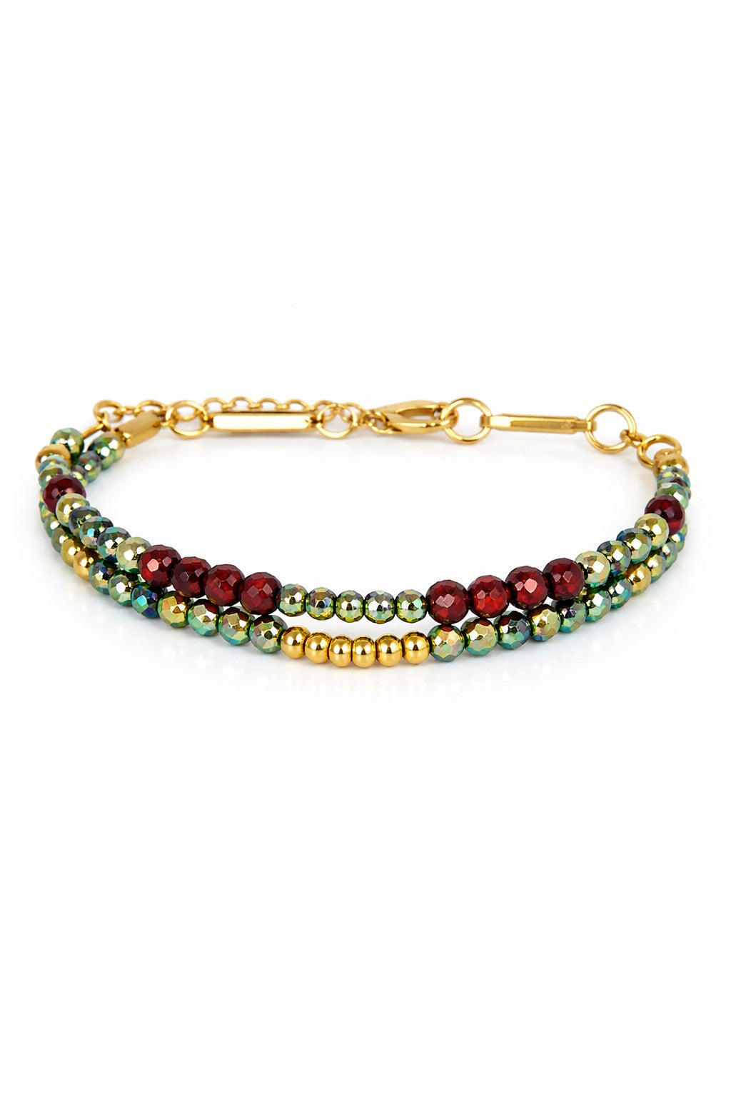 Pulsera doble de cristal rojo, verde y dorado.