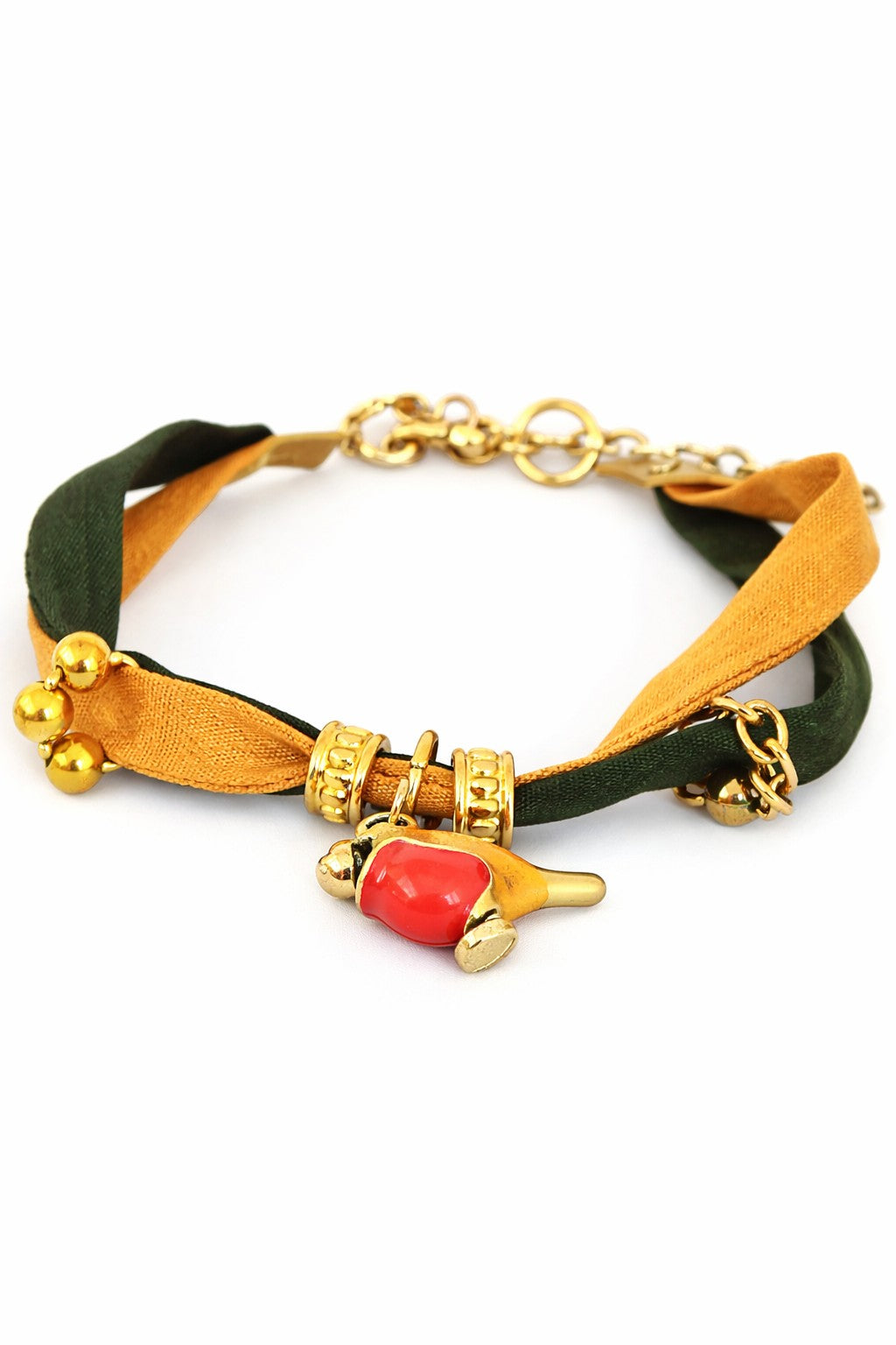 Pulsera de seda verde y mostaza con pajarita esmaltada