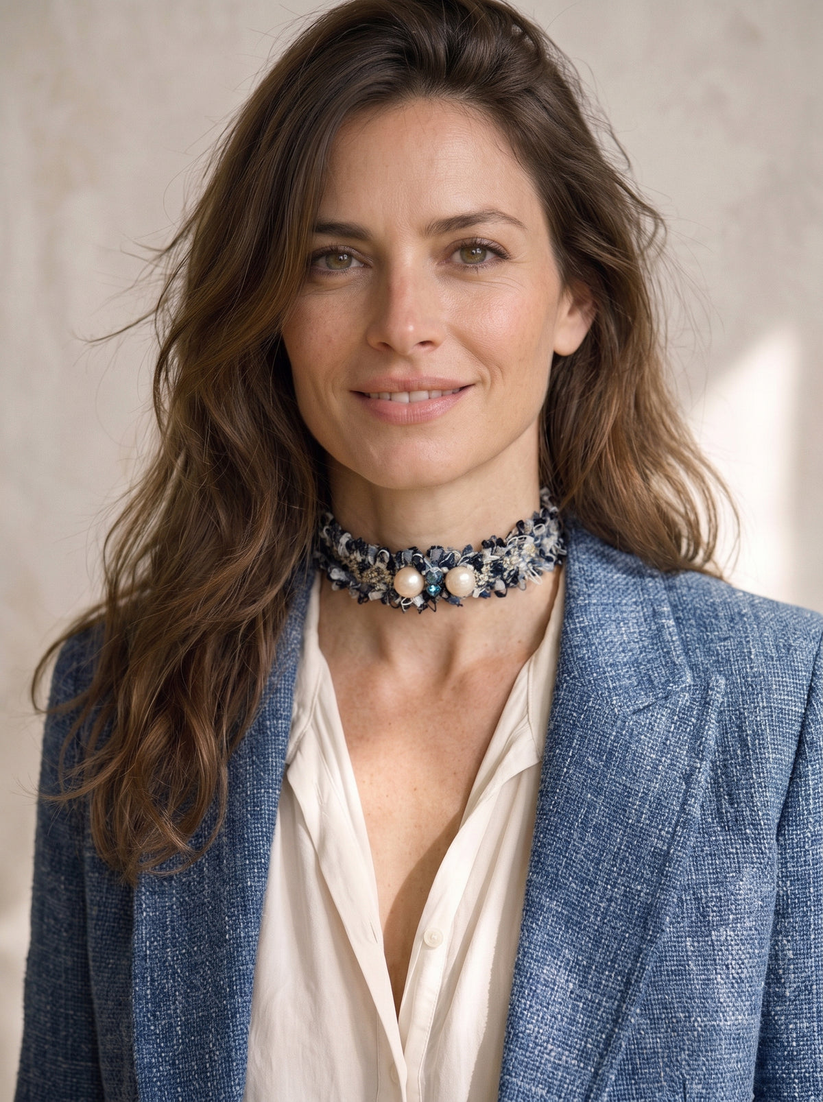 Choker de tweed con perlas.