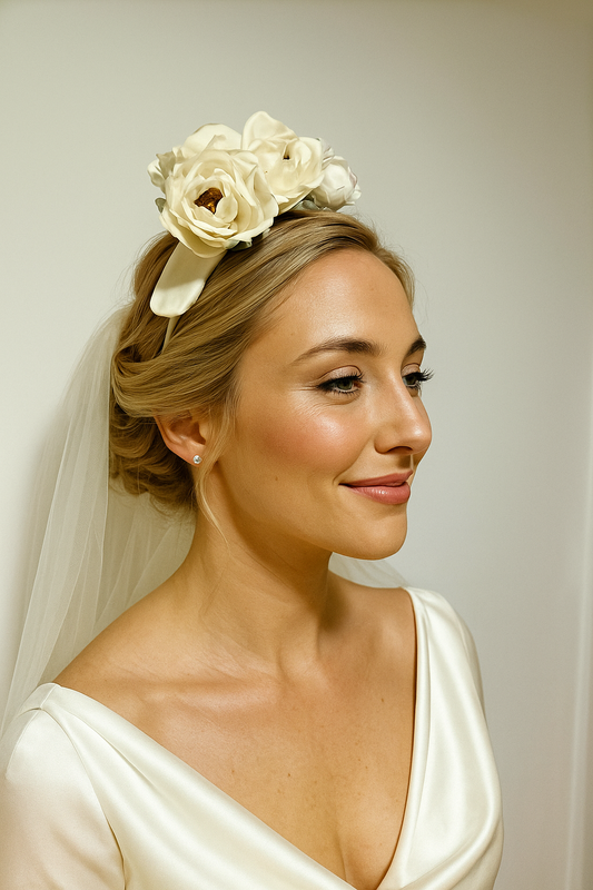 Tocado de novia en seda marfil y rosa – Diadema floral romántica hecha a mano.