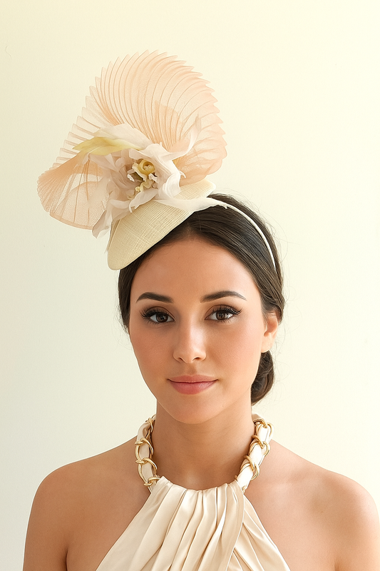 Tocado elegante beige de sinamay con flor de seda para bodas.