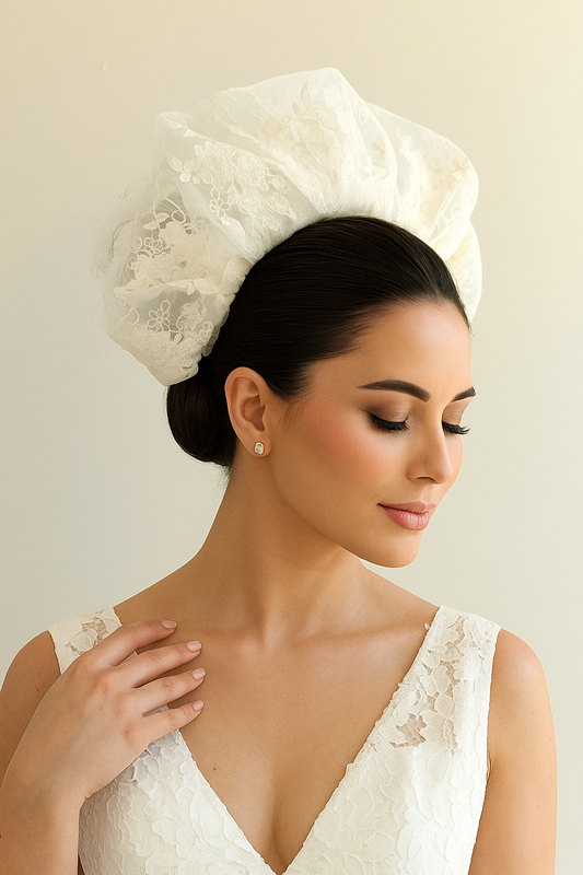 Diadema de encaje marfil – Tocado artesanal de seda para novia.