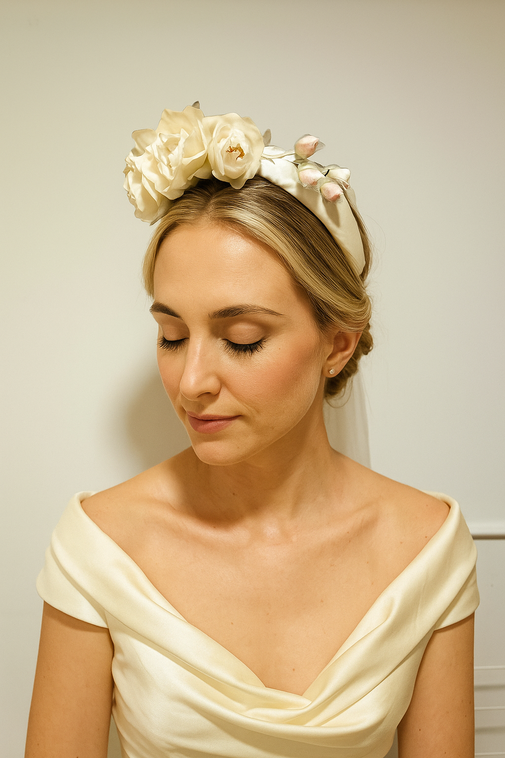 Tocado de novia en seda marfil y rosa – Diadema floral romántica hecha a mano.