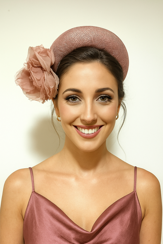 Diadema tocado en rosa palo con flores de organza, diseño elegante y romántico para invitada de boda o evento especial.