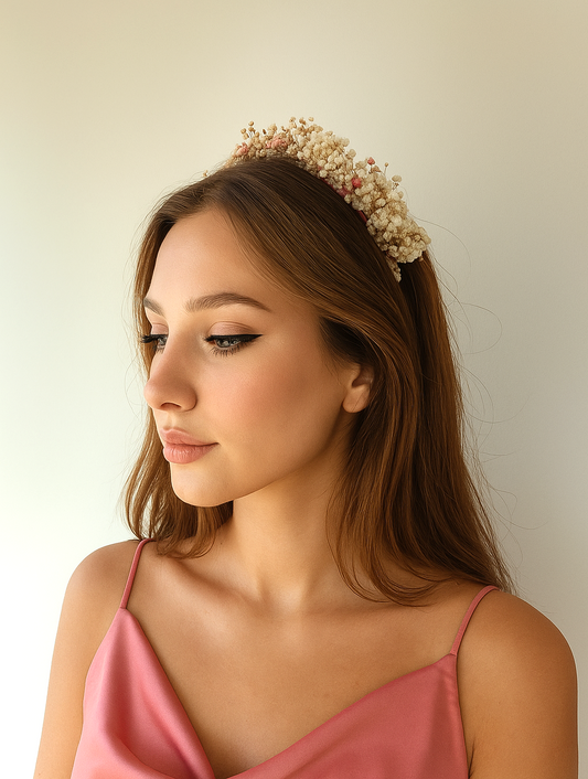 Diadema de flores preservadas en tonos rosa, blanco y beige