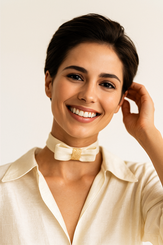 Choker de terciopelo marfil con lazo de seda natural y detalle en sinamay.