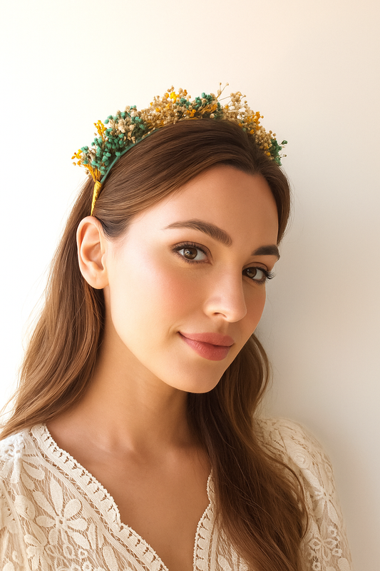 Diadema bohemia de flores preservadas en tonos suaves y alegres.