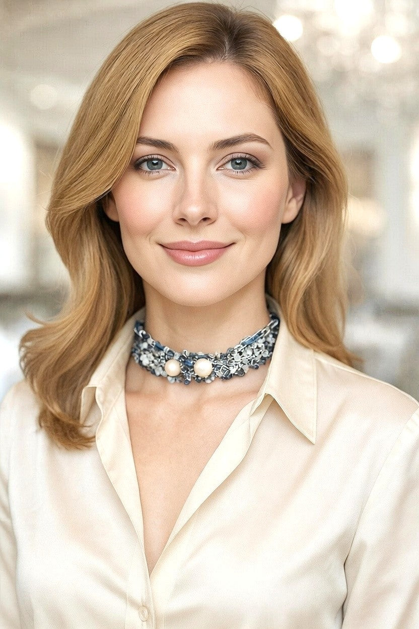 Choker de tweed con perlas.