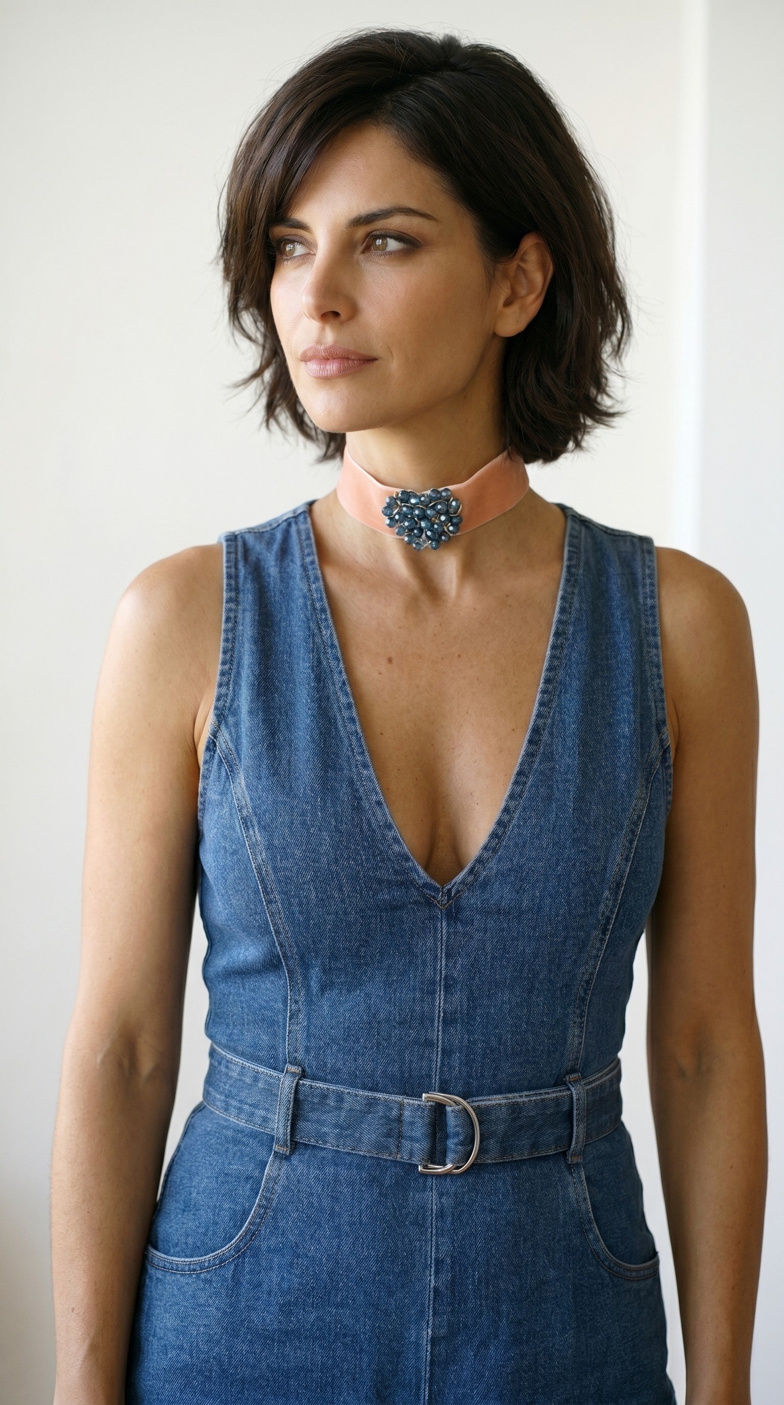 Choker de terciopelo rosa salmón con corazón de cristal azul