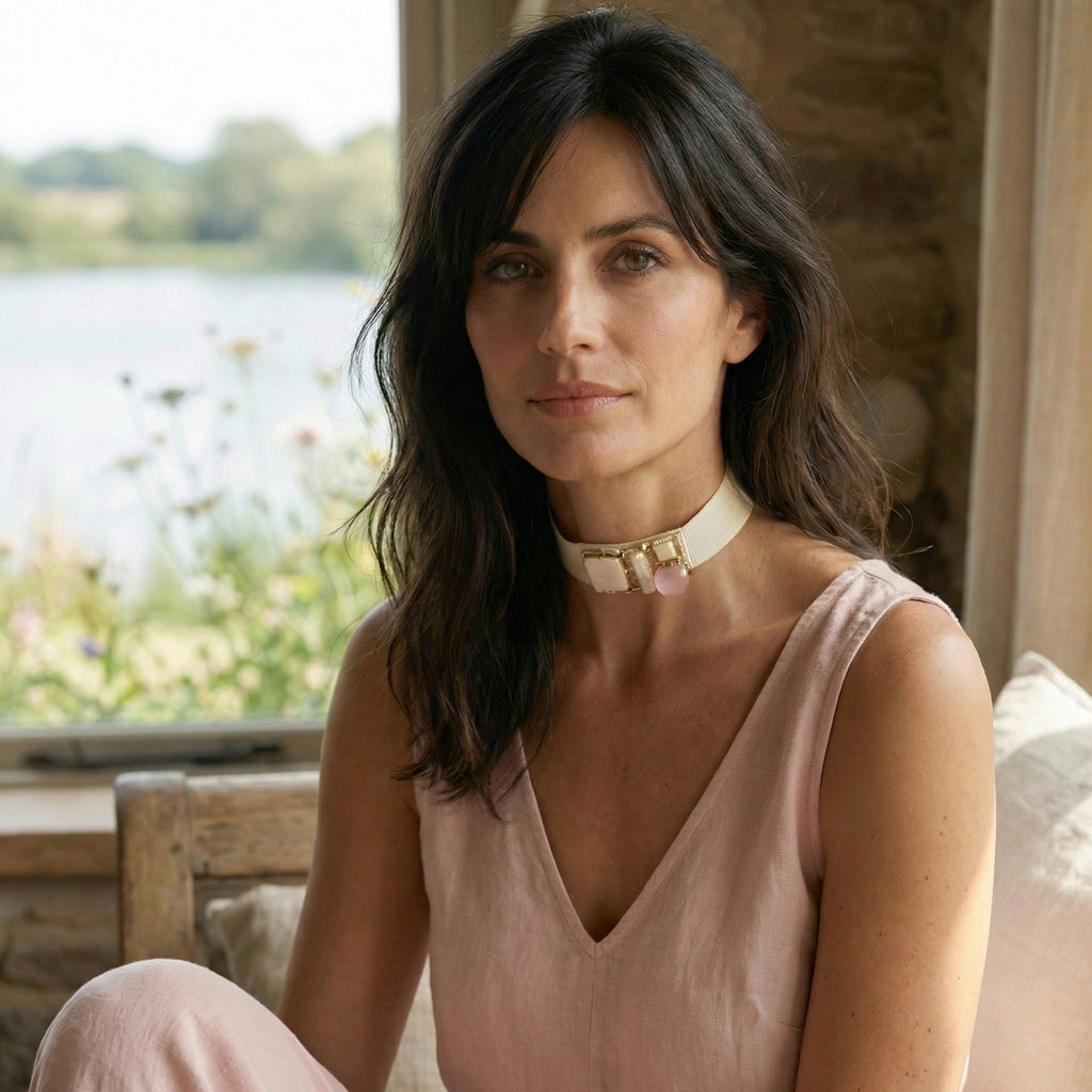 Choker de Grosgrain Marfil con Cuarzo Rosa y Perla Barroca